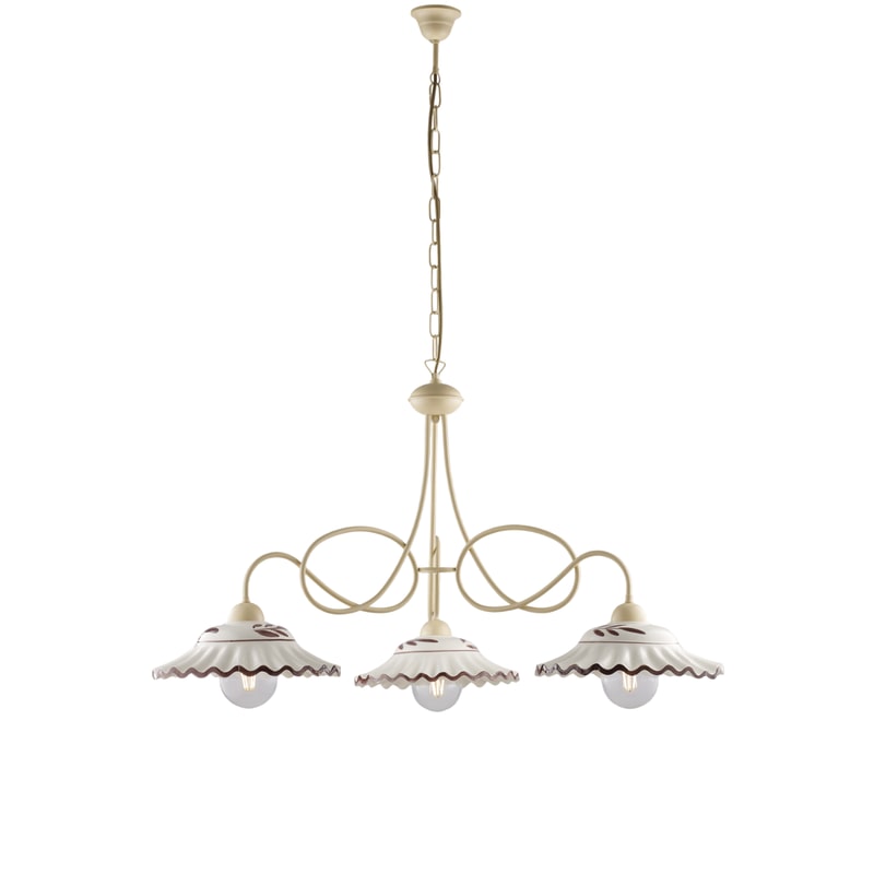 Lustre Bistrot em ferro marfim e deco efeito decapado com difusores cerâmicos d. 30 branco e marrom 3 luzes 115 Ø80
