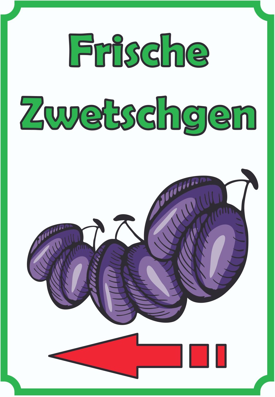 Frische Zwetschgen Schild Hochkant mit Pfeil links A0 Rückseite selbstklebend
