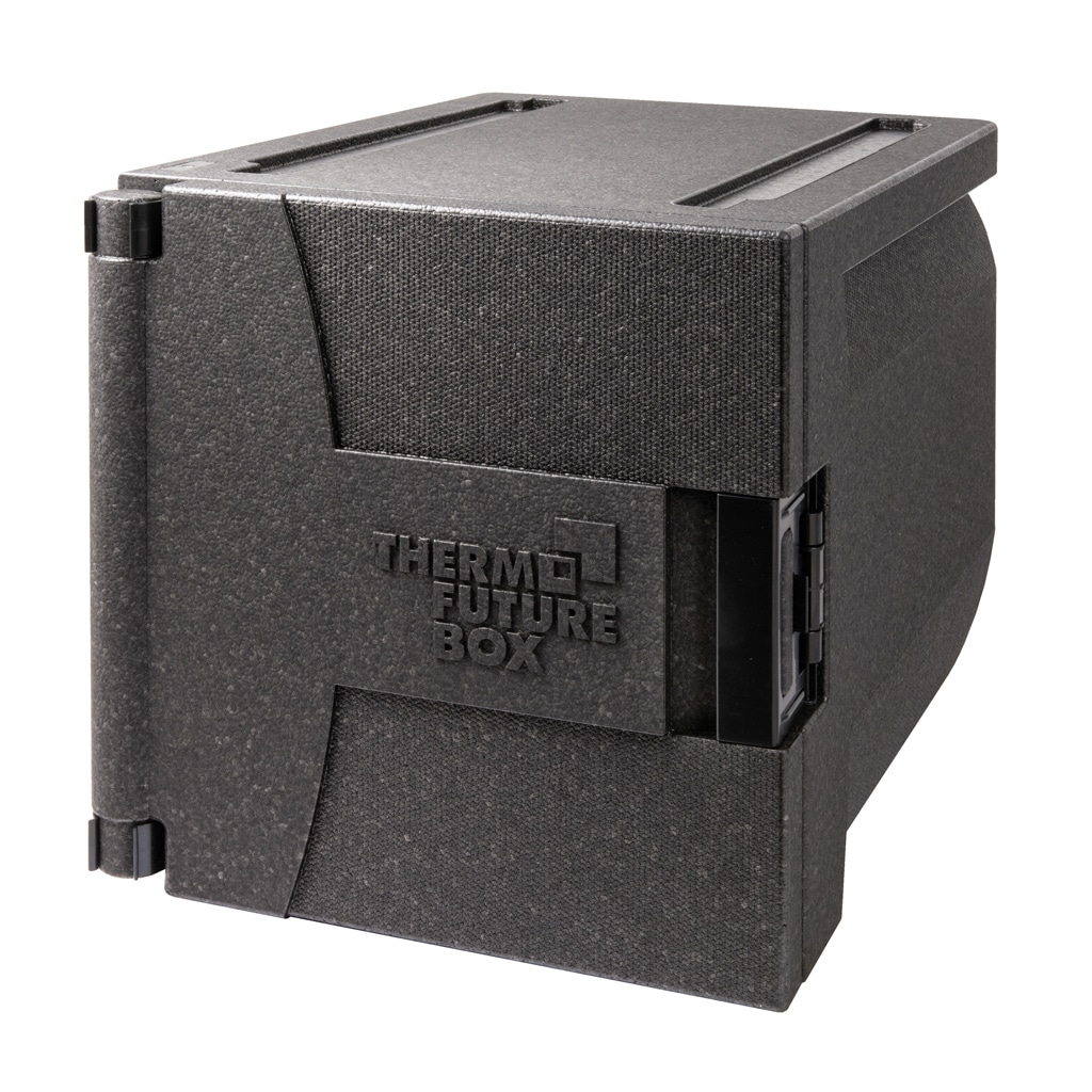 Thermo Future Box, Frontlader ECO GN 1/1, Isolierbox mit Fronttür, schwarz, 69 Liter, 9 Einschübe, nachhaltig aus EPP