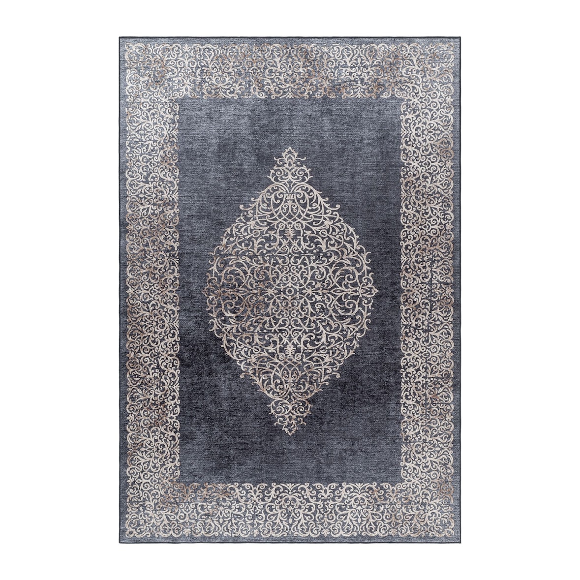 Carpetsale24 Waschbarer Kurzflor Teppich Schwarz 140x200 cm Ornament Design mit Rutschfester Rückseite, Ideal für Wohnzimmer, Schlafzimmer, Flur