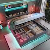 thumbnail of Merax Doppelbett 140 x 200CM Polsterbett – Kopfteil mit LED und Ablageflächen, extra Stauraum unten, mit Lattenrost, USB-Anschlüsse, grau