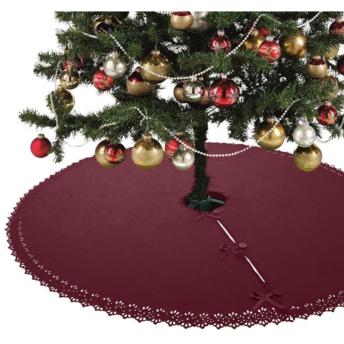 Weihnachtsbaumdecke Ø 120 cm in rot – Christbaumdecke / Baumunterlage mit Satinbändern & Knöpfen – romantisches Landhaus-Muster, gestanzter Rand –