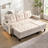 thumbnail of Multifunktionales L-Form Sofa mit Hocker, LED-Beleuchtung, USB-Anschluss, Chenille-Stoff, 500 kg belastbar, Gesamtgröße 185x135x85 cm, Beige