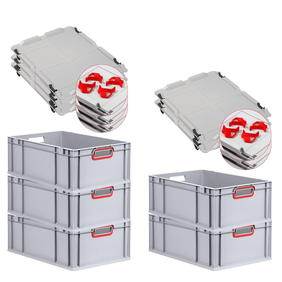 PROREGAL SparSet 5x Eurobox NextGen Color mit Auflagedeckel & Verschlüsse, HxBxT 22x40x60cm, 44L, Grau, Griffe rot offen, Eurobehälter, Box