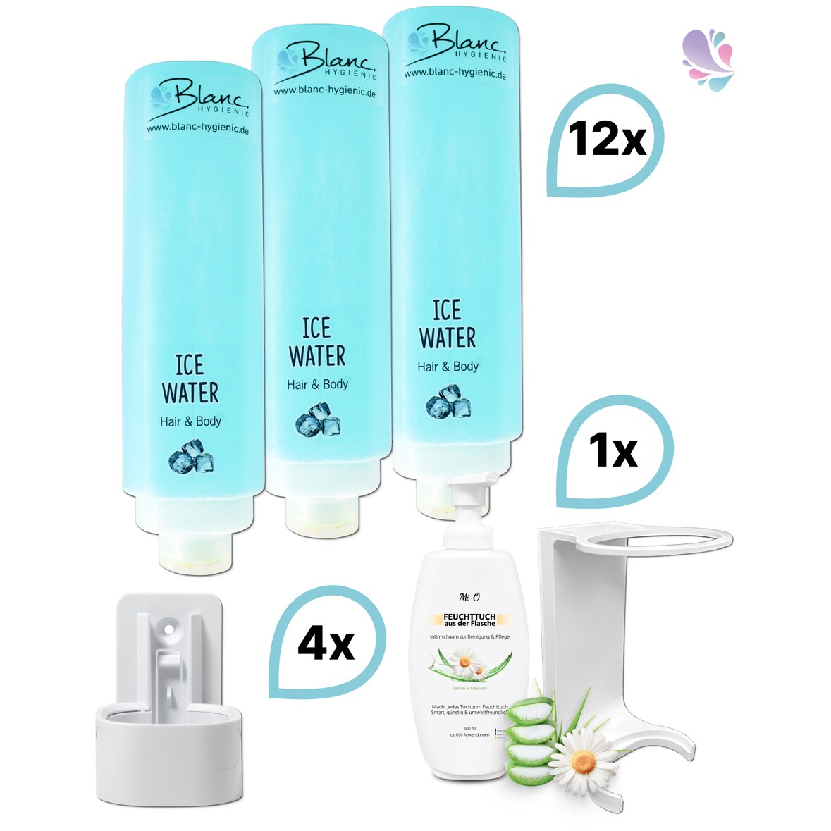 KOMPLETT-SET Duscherlebnis 12x425ml verschied. Düfte, 1x300ml Intim Reinigungsschaum+ 5x Wandhalterung : Duftnote - Ice Water: Ozean, Eis, Farbe - We