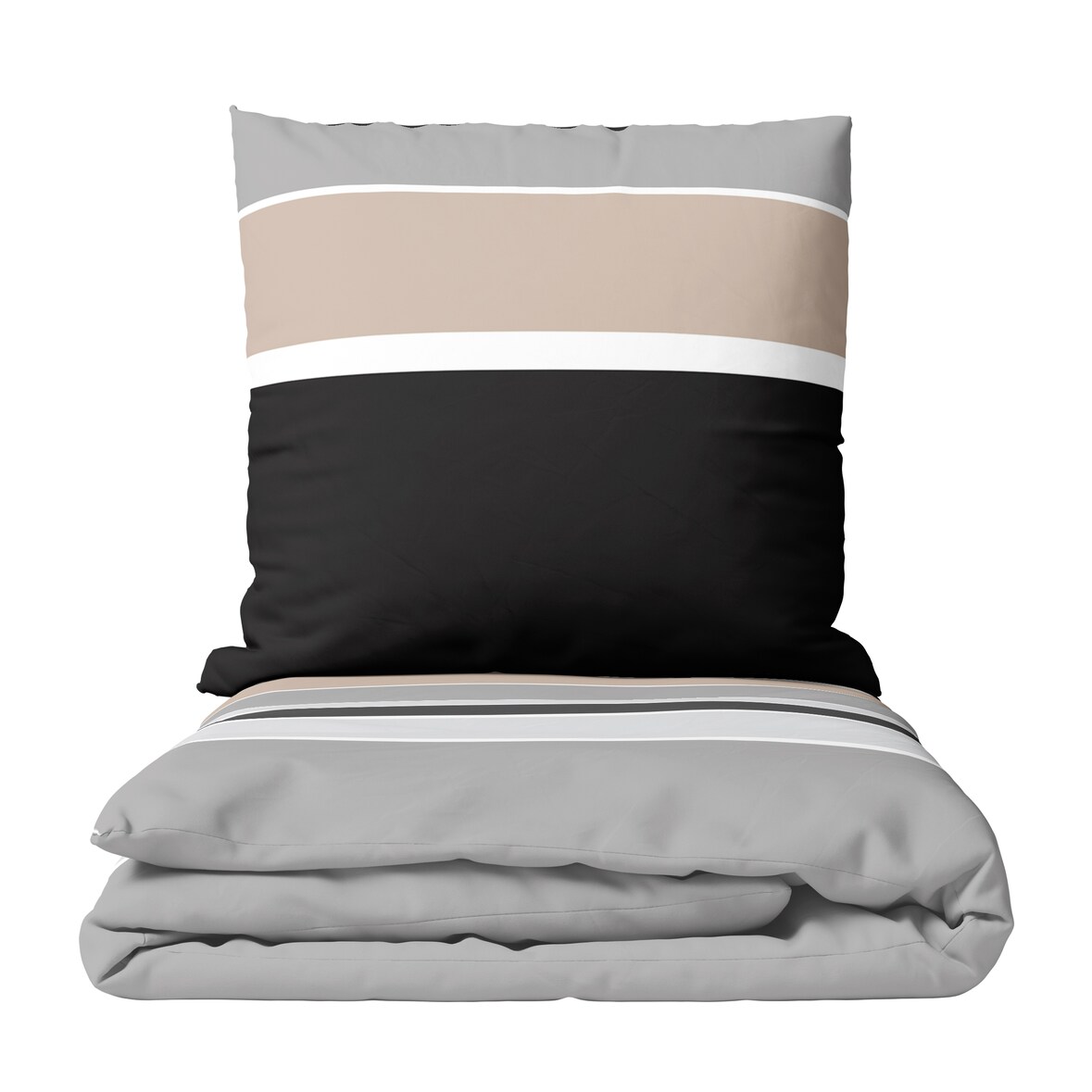 Baumwolle Bettwäsche Set 155x200 cm 80x80 cm Grau Beige Gestreift mit Reißverschluss