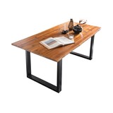 thumbnail of SalesFever Esstischgruppe 5-tlg., 180x90cm, Platte Akazie 26mm cognac, Metallgestell schwarz, 4 Armlehnstühle 360° drehbar Samt |senfgelb–schwarz