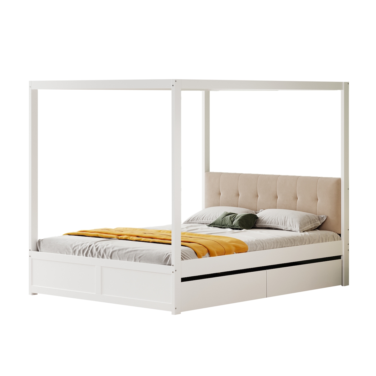 OKWISH Zeltdesign-Bett 140x200 cm mit Moskitonetz-Funktion, gepolsterte Rückenlehne, Stauraum mit 2 Schubladen, weißes Massivholz, - und Gästezimmer