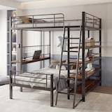 thumbnail of Hoch-Tief-Etagenbett Metallbett Loftbett mit Regalen & Ablagen, flexibles 2-in-1 Design, stabiler Lattenrost, Schwarz 140x200 cm