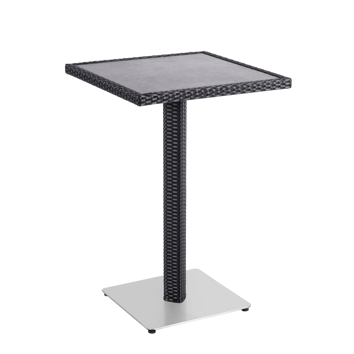 METRO PROFESSIONAL Table haute BARBADOS, alu/poly rotin, 70 x 70 cm, plateau imitation pierre, noir