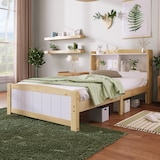 thumbnail of Stauraumbett 90x200 cm mit integriertem Bücherregal Taschenfederkernmatratze Holz Konstruktion niedriger Fußteil modernes Design Grau Weiß