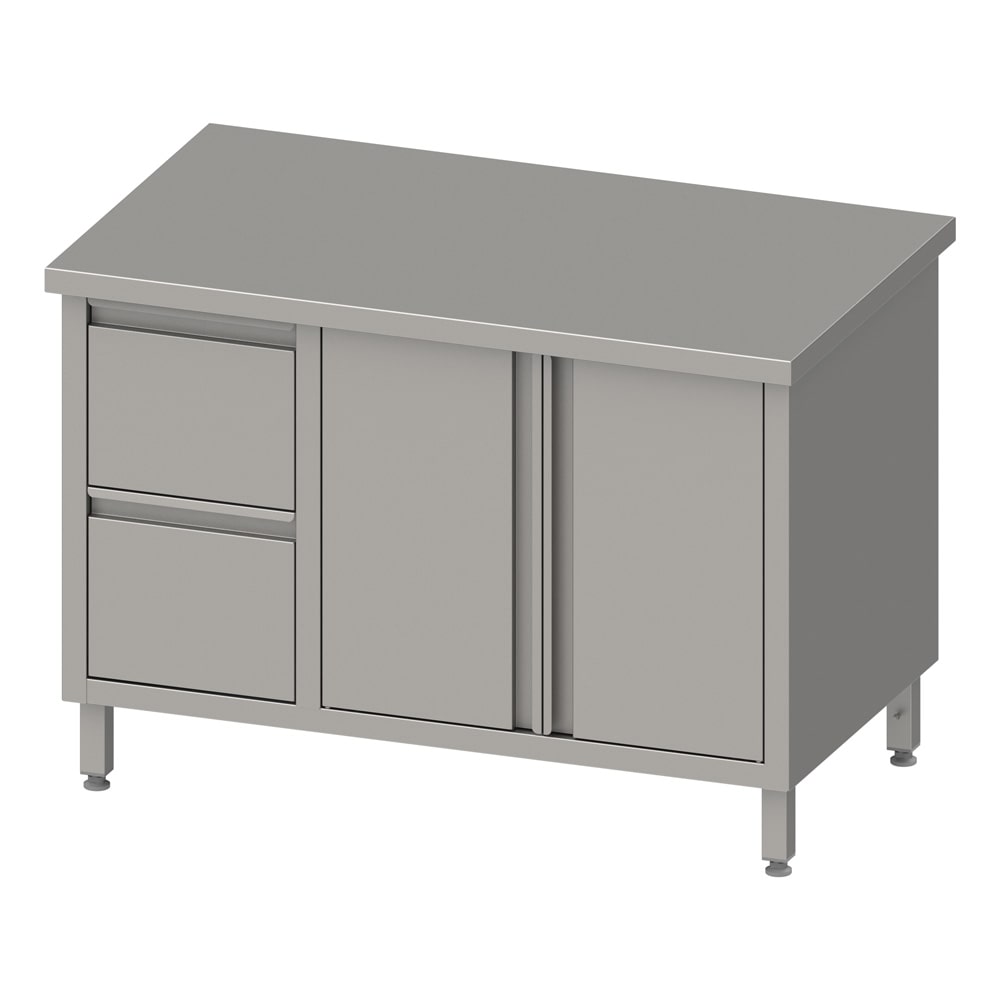 Stalgast Edelstahl Arbeitsschrank mit Flügeltüren, 1300x700x850 mm, mit 2er Schubladenblock links, ohne Aufkantung, verschweißt