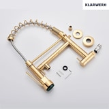 thumbnail of Björn | gastronomia grifo monomando de agua fría oro|grifo cocina profesional acero inoxidable dos rociadores|grifo fregadero doble restaurante pared