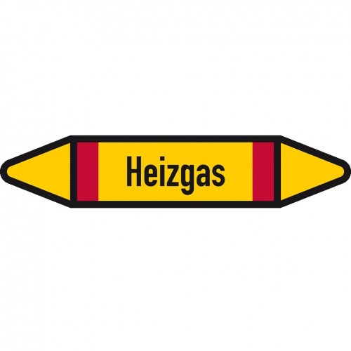 Aufkleber I Rohrleitungsetikett Heizgas, DIN 2403, gelb/schwarz/rot, f. Ø 60-90mm, 252x52mm, 3/Bogen I 4 Stk