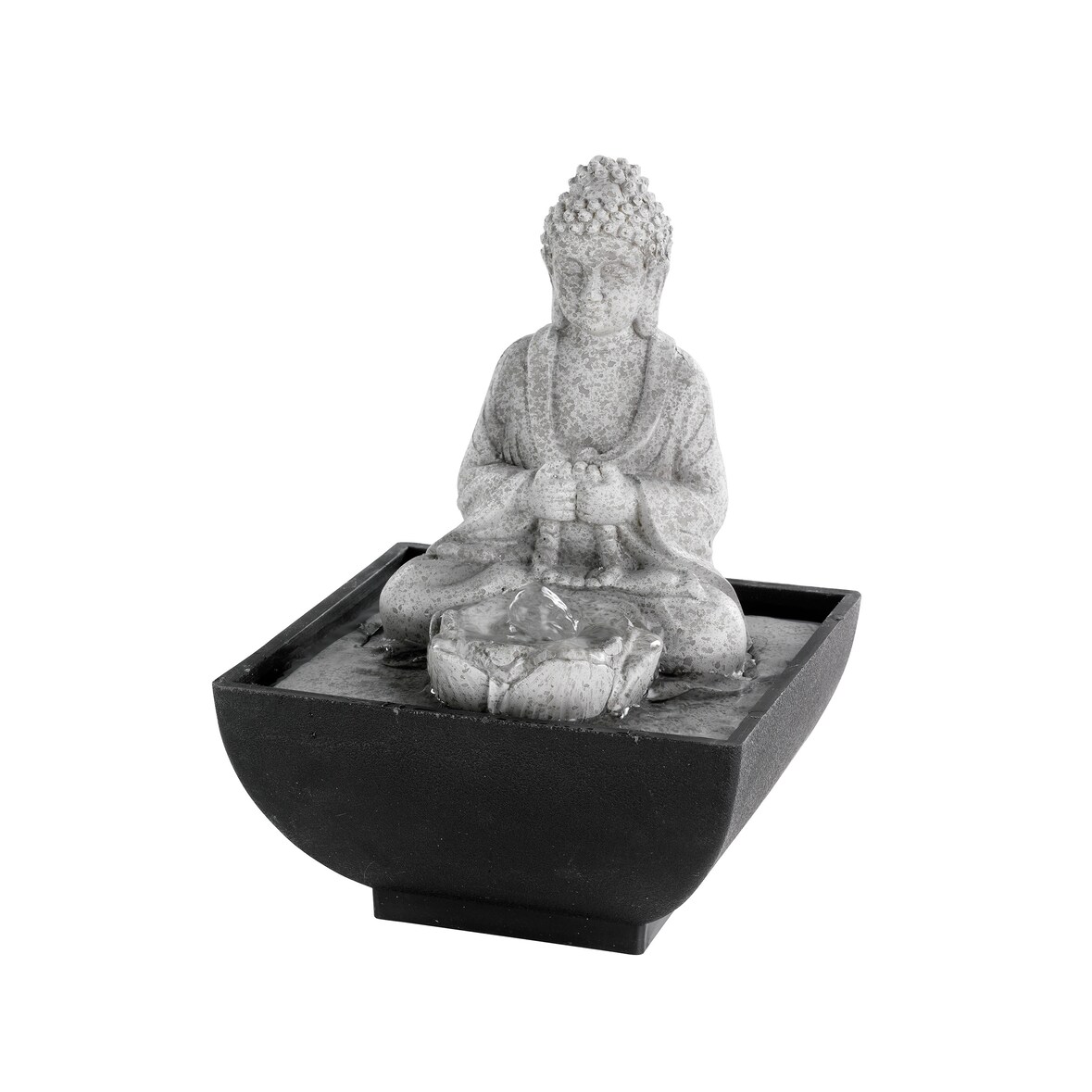 Buddha Brunnen mit LED Beleuchtung 13x18cm Keramik Zimmerbrunnen Tischbrunnen Wasserbrunnen Dekoration Wohnzimmer Balkon Terrasse Grau Schwarz