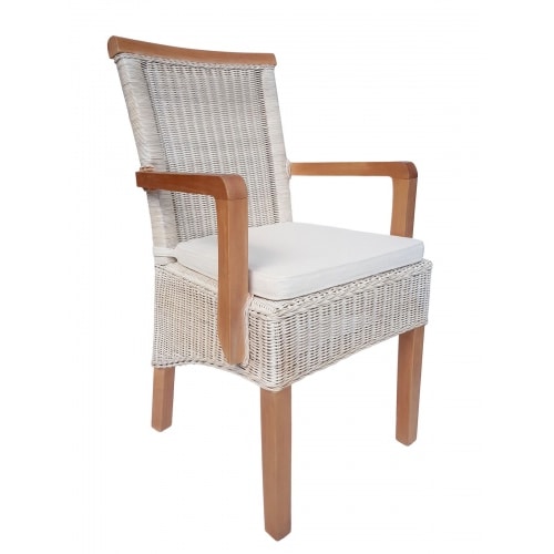 Esszimmer Stuhl mit Armlehnen Rattanstuhl weiß Perth Korbstuhl Rattan Sessel nachhaltig : mit Sitzkissen