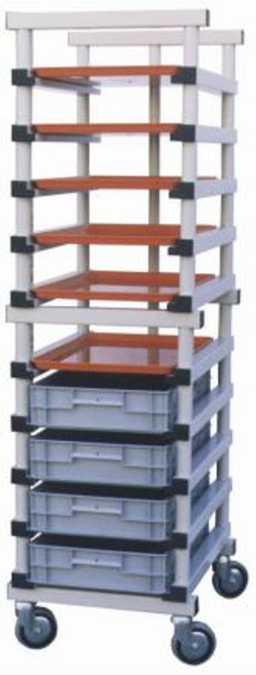 Carro porta bandejas plegable de 540 x 650 x 1790 mm. (h)  Para cajas o bandejas N.E. de hasta 120 mm. (h) 10 niveles GRIS, RUEDAS DE PP