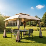 thumbnail of CRO Gazebo rettangolare in acciaio e poliestere - con tende incluse - colore beige e marrone - Misure: 4x3 h.5,60 m