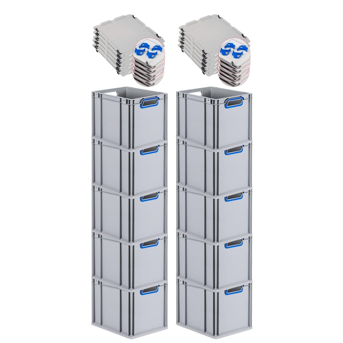 PROREGAL SparSet 10x Eurobox NextGen Color mit Auflagedeckel & Verschlüsse, HxBxT 32x30x40cm, 30L, Grau, Griffe blau offen, Eurobehälter, Box