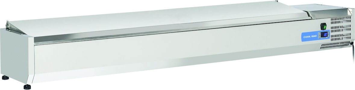 Edelstahl-Kühlvitrine für 10 GN1/4 Tabletts. Abmessungen 200x33,5x28,1h cm. Temperatur +2°C/+8°C. Kühlkopf VRX 20/33S/S