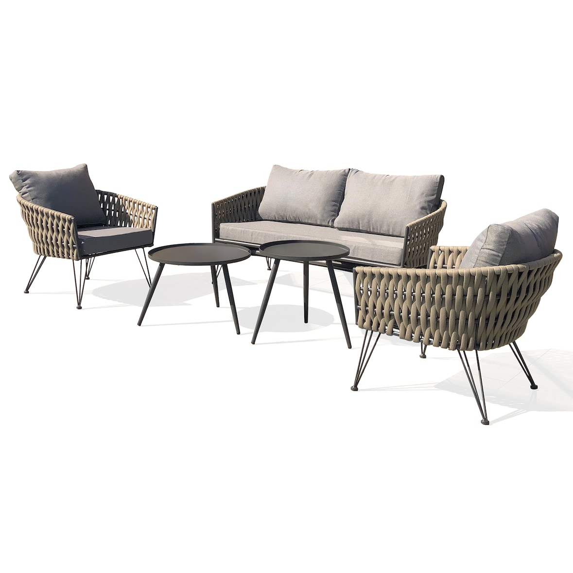 Set di mobili da giardino a 4 posti in corda intrecciata color tortora e acciaio antracite - CAPRI