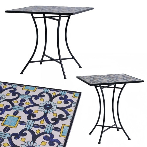 Mosaik Mosaiktisch Gartentisch quadratisch Bistro Rund Eisenramen elegant Blau : Blau gemustert : 70x61,5x61,5