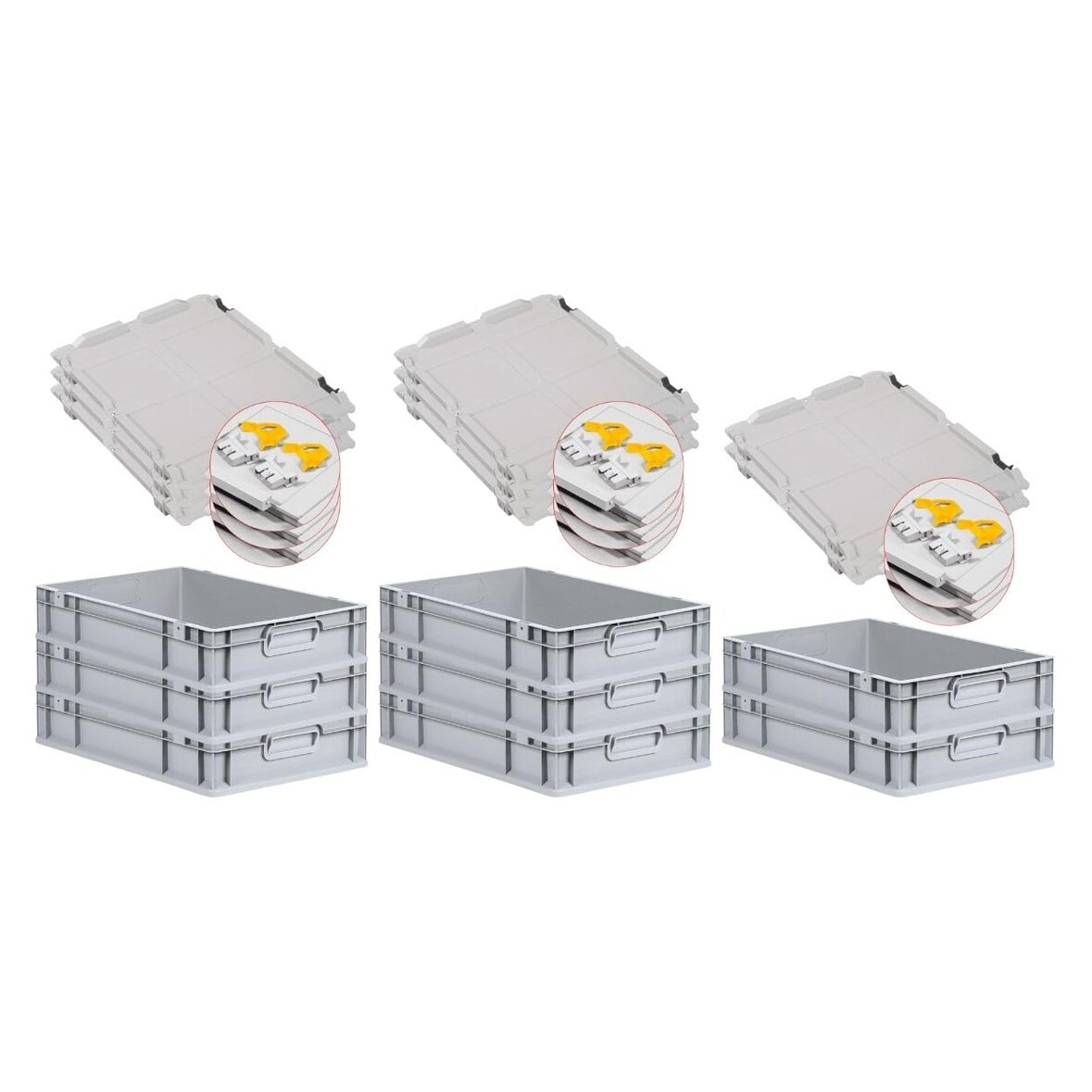 PROREGAL SuperSparSet 8x Eurobox NextGen Economy mit Scharnierdeckel & gelben Verschlüssen, Griffe zu, HxBxT 12x40x60cm, 23L, Eurobehälter, Box