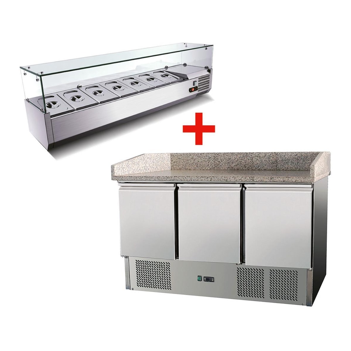 Skyrainbow Pizzatafel 3 deuren, met onderbouwkoeling, 140 x 70 koelopzetstuk GN1/4 met glas
