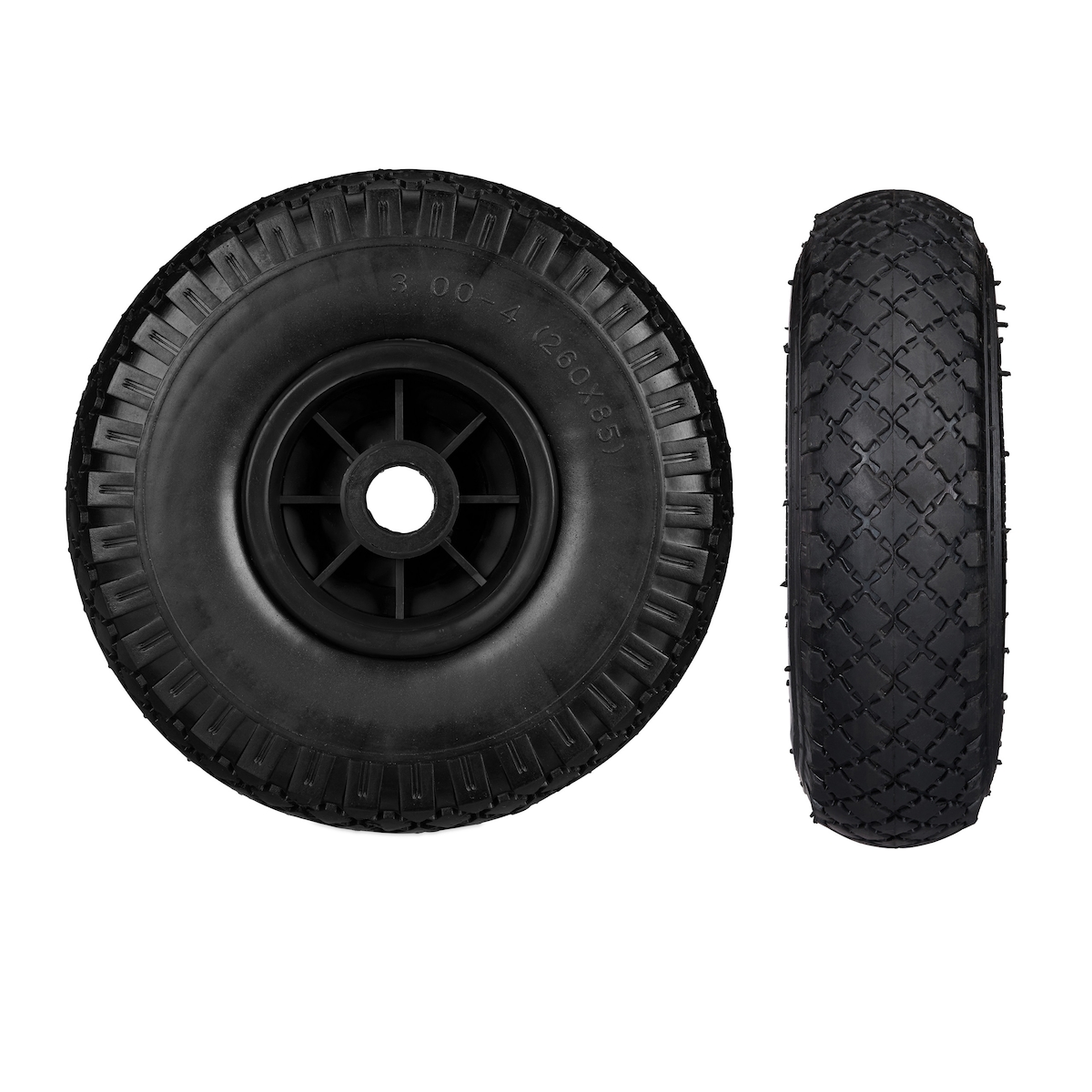 Relaxdays Sackkarrenrad 2er Set, pannensichere 3.00-4" Vollgummireifen, 25mm Achse, bis 80 kg, 260x85 mm, schwarz