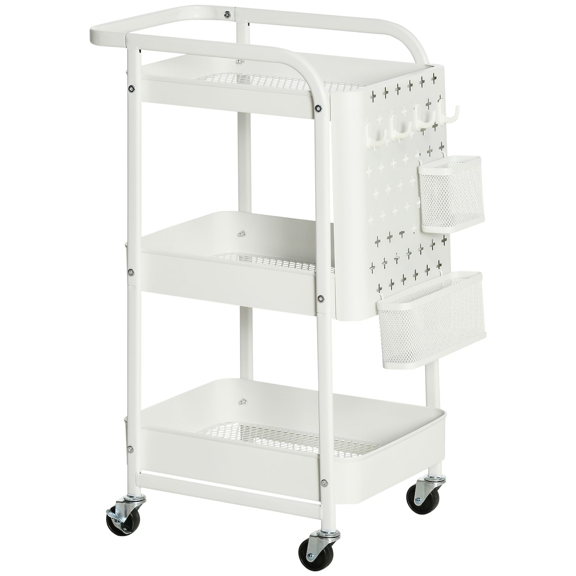 Rollwagen Küchenwagen aus Stahl Weiß 52x32x76 cm mit 3 Gitterkörben Haken Lochwand und 2 Ordnungsboxen auf Rollen mit Bremsen