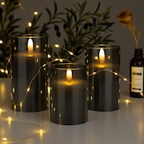 thumbnail of Relaxdays LED Kerzen im Glas, 3er Set, Fernbedienung, Timer & flackernde Flamme, Echtwachs, Windlichter flammenlos, grau