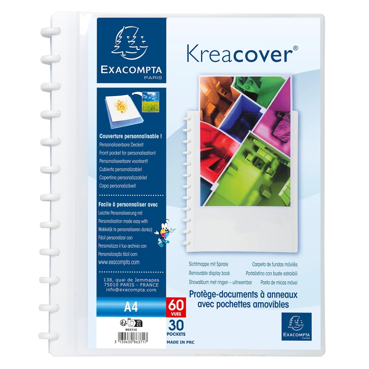 Exacompta 86371E 4x Sichtmappe aus PP 800µ, 60 herausnehmbare Hüllen, 24x32cm für DIN A4 - Weiß