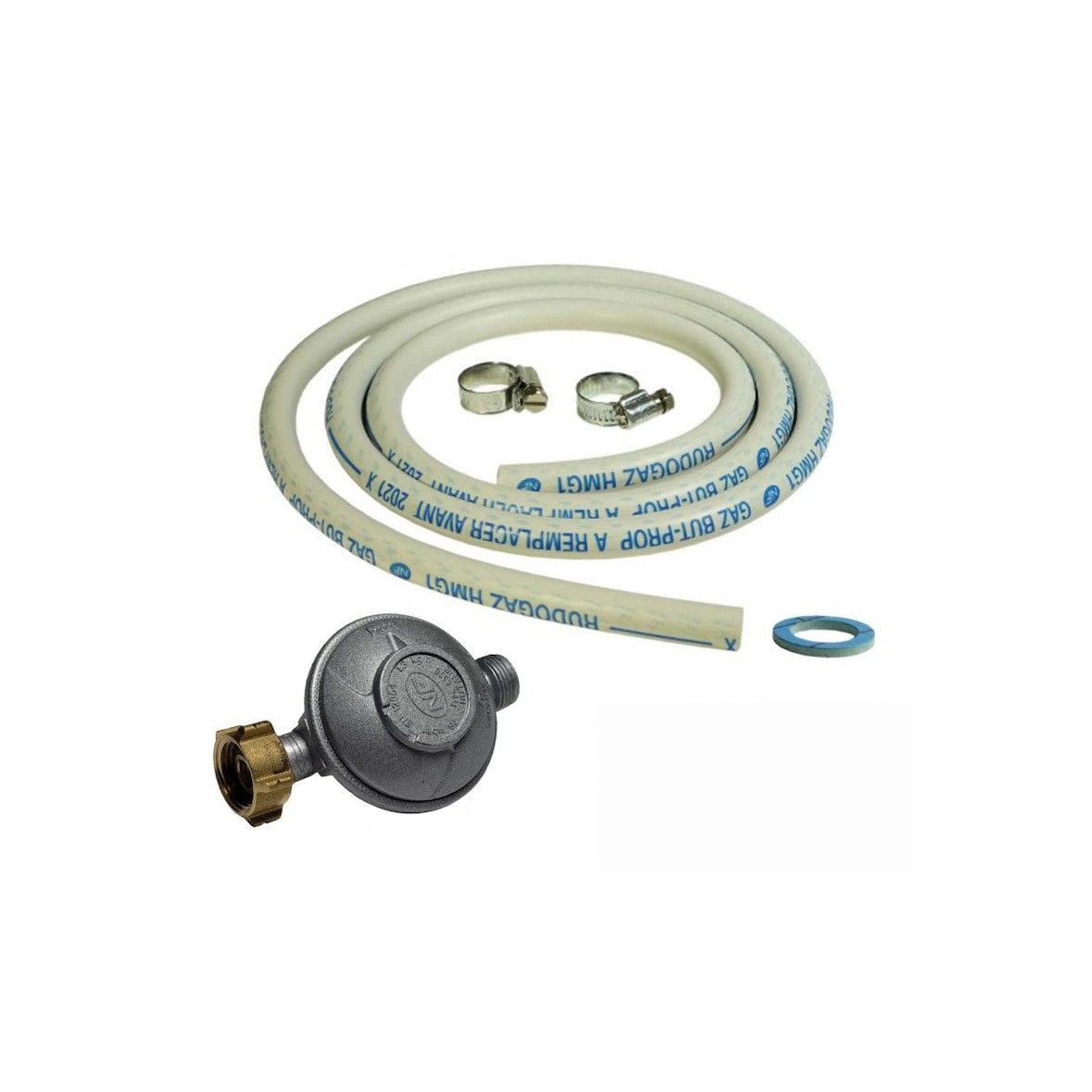 Kit connexion gaz pour réchauds gaz  Tuyau gaz souple 1.50m + Embout tétine + détendeur BUTANE 28 mbars