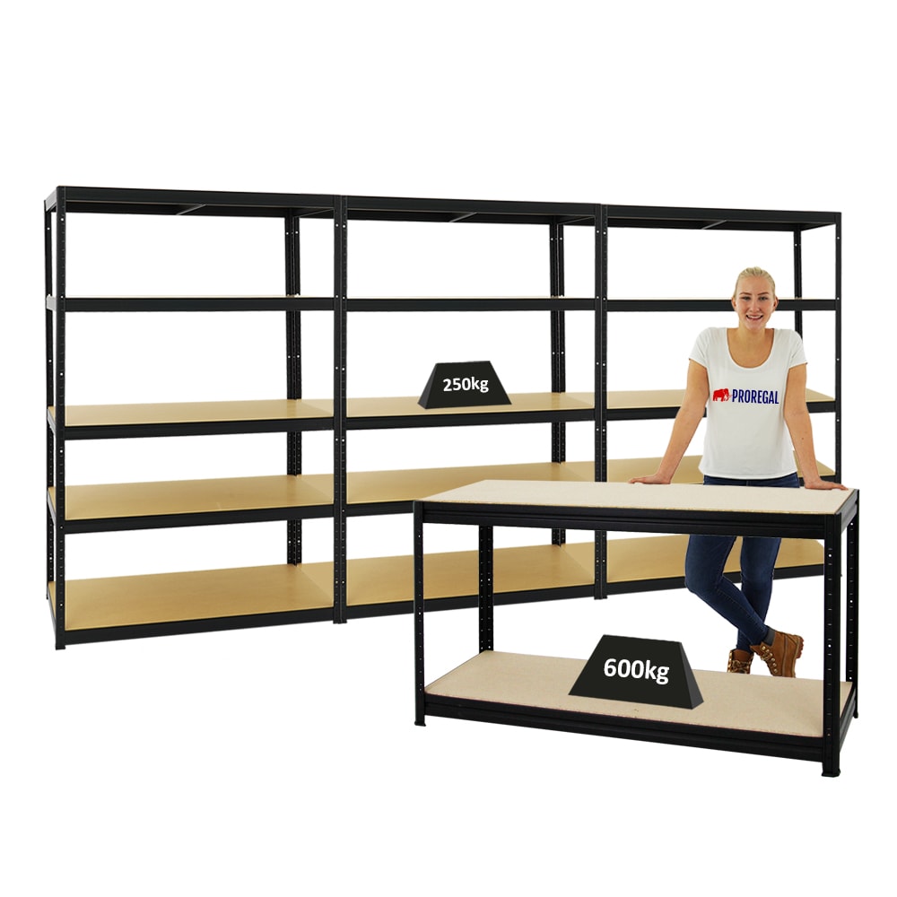 PROREGAL Mega Deal | 3x Schwerlastregal Big Elephant M & 1x Höhenverstellbare Werkbank Big Dino | Fachlast bis zu 600kg | Schwarz | Stecksystem