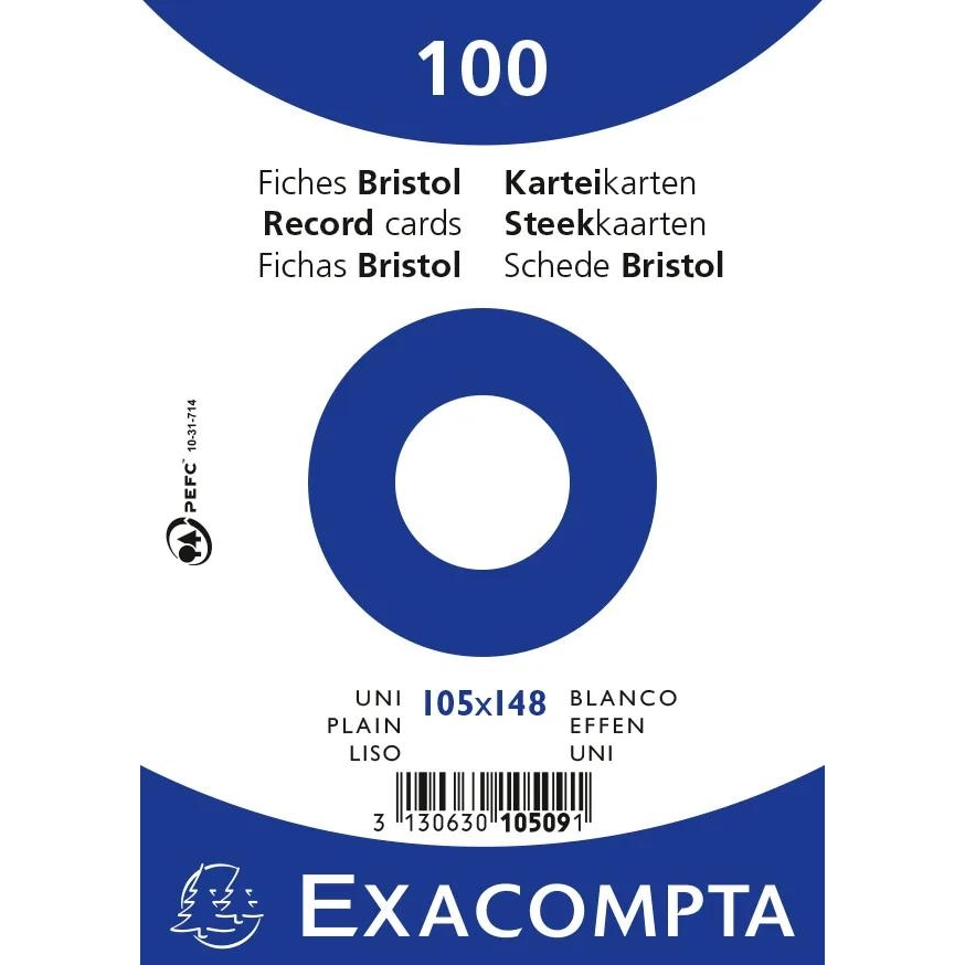 Exacompta - Réf. 10509E - Carton de 20 Paquets 100 fiches sous film - bristol uni non perforé - 105x148mm - Blanc