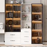 thumbnail of Merax LED Vitrinenschrank 140×40×160 cm, Glasvitrine & Bücherregal, Multifunktionsschrank mit Schubladen, staubdichte Vitrine mit Beleuchtung, weiß