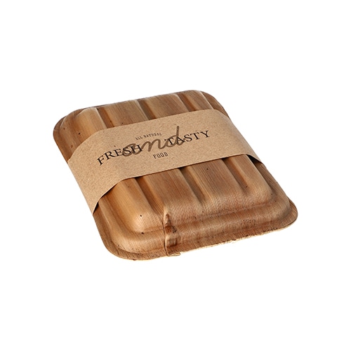 50 Trays, Palmblatt pure eckig 300 ml 5,5 cm x 13,5 cm x 17,5 cm mit Deckel und Banderole