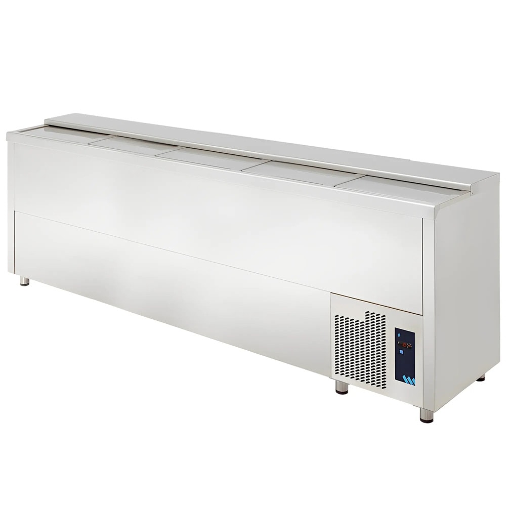 Botellero frigorífico industrial INOX 2,5 m para hostelería. Enfriador de botellas de acero inoxidable con 5 puertas para bar y restaurante.