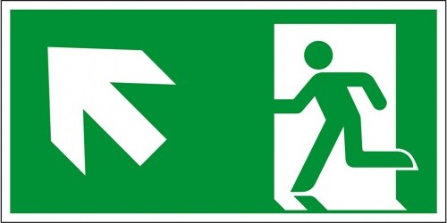 Schild I Rettungszeichen Rettungsweg links aufwärts, Kunststoff, 300x150mm, ASR A1.3, DIN EN ISO 7010 E001