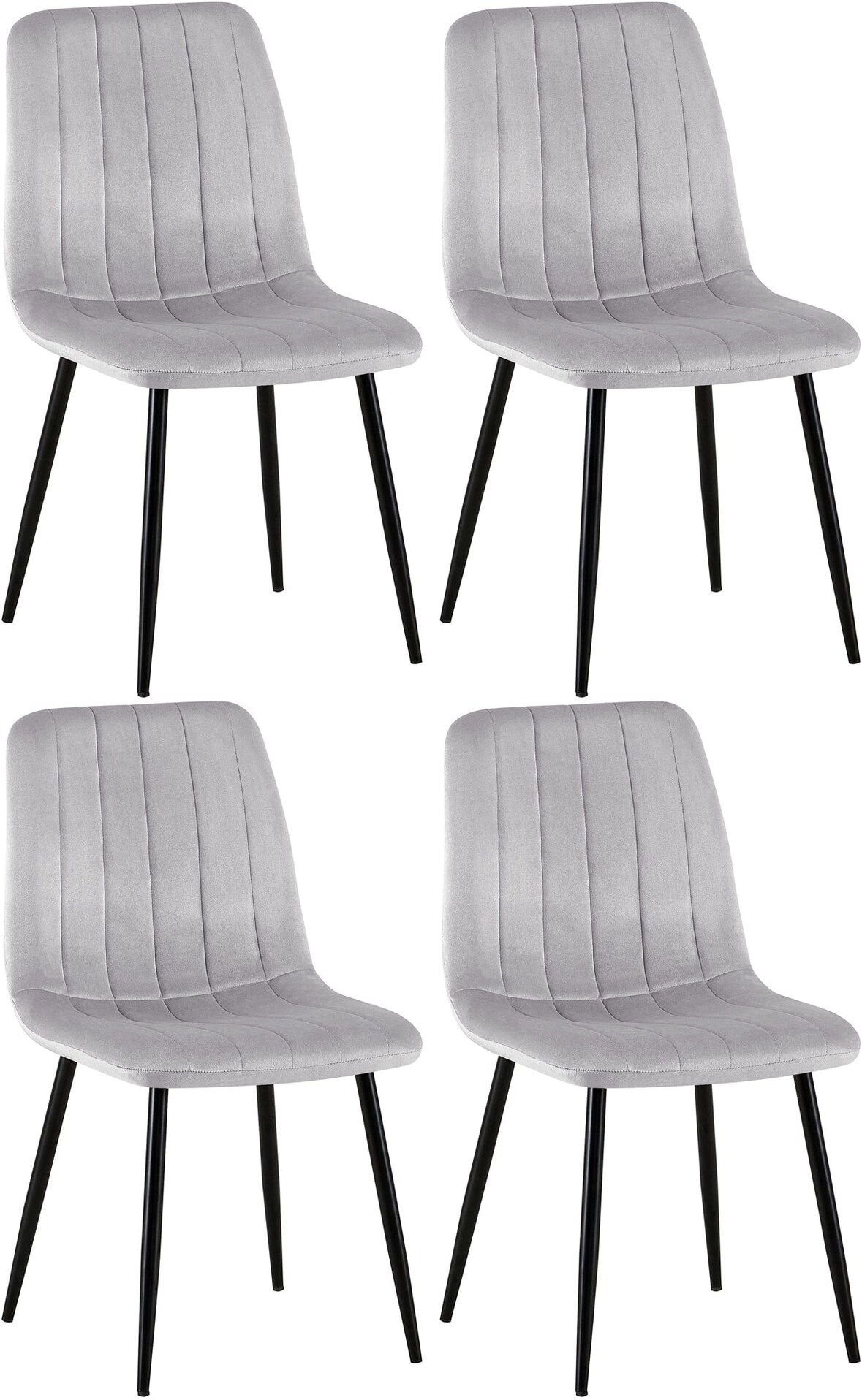 Décoshop26 - Set aus 4 Esszimmerstühlen mit dekorativen vertikalen Ziernähten grauem Samtsitz und schwarzen Metallbeinen 10_0001865