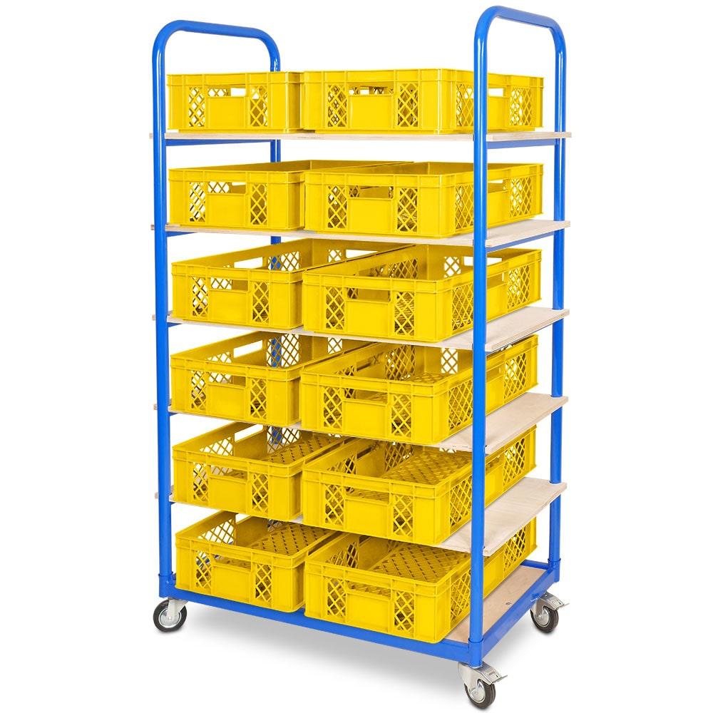 Etagenwagen mit 6 Ebenen, BxTxH 1050x500x1690 mm, 4 Lenkrollen, 2 Rollen mit Feststellbremse mit 12 Euroboxen BxTxH 600x400x150 mm