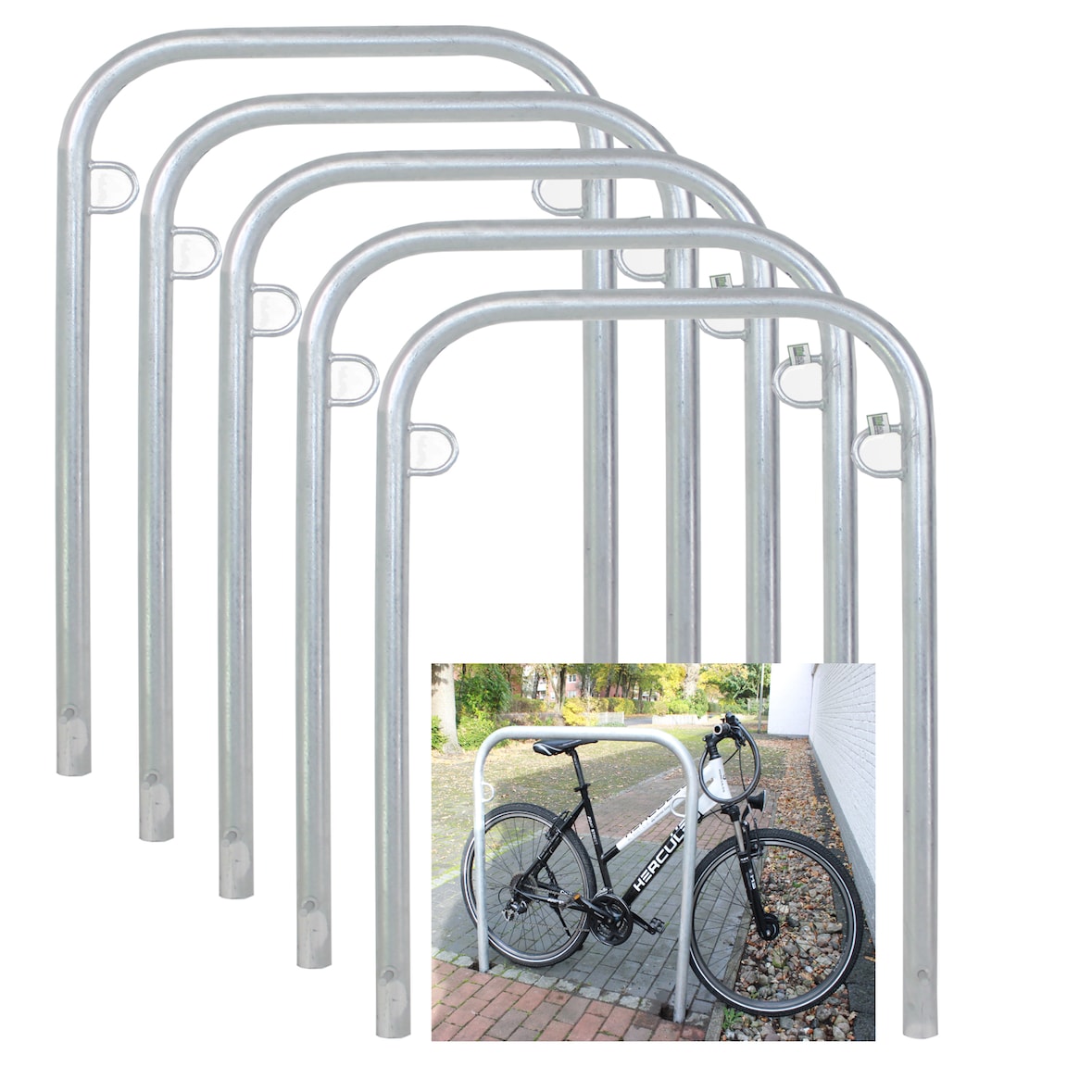 5 x Fahrradanlehnbügel 114 x 78 cm Stahl feuerverzinkt Ø 49mm grau Einbetonieren Fahrradständer Parker Typ U