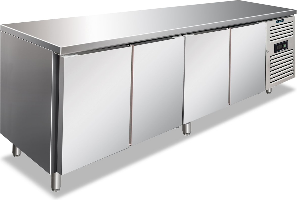 KLIMAITALIA Edelstahl-Gefriertisch mit 4 belüfteten Türen. Automatisches Auftauen. Temperatur -22°C/-18°C.  Maße LxWxH 223x70x86 cm. CXF4100BT