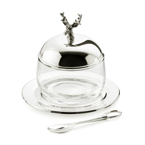 Marmeladenglas Hirsch mit Untersetzer und Löffel, edel versilbert, Höhe 11 cm, ø 14 cm, ø Glas 10 cm