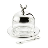 thumbnail of Marmeladenglas Hirsch mit Untersetzer und Löffel, edel versilbert, Höhe 11 cm, ø 14 cm, ø Glas 10 cm