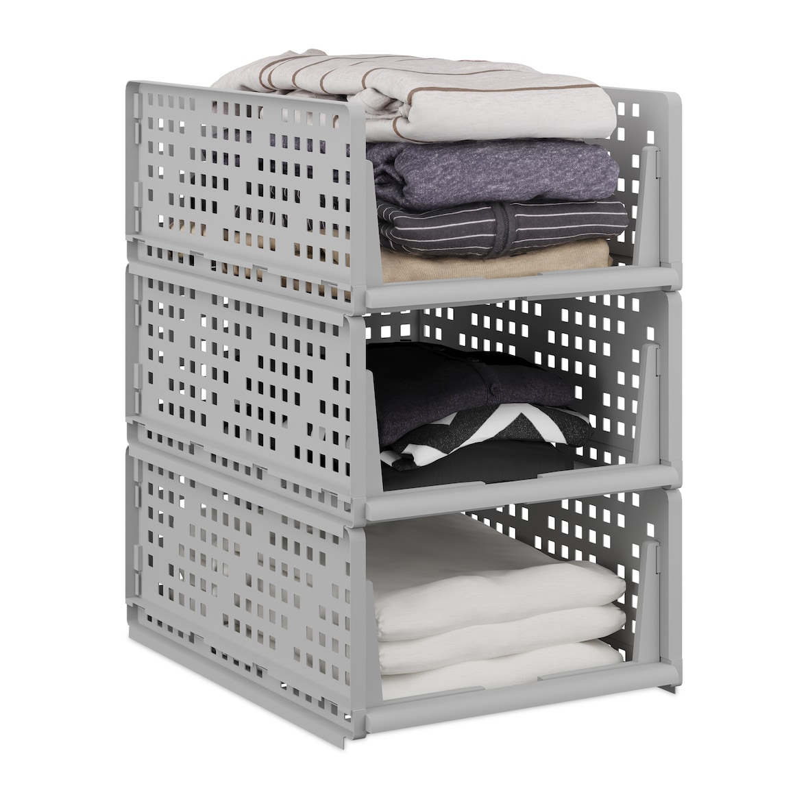 Relaxdays Schrank Organizer 3er Set, stapelbare Kleiderschrank Aufbewahrungsboxen, 18 x 33,5 x 43,5 cm, ausziehbar, grau