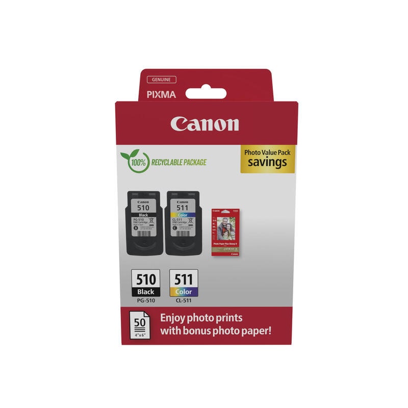 Canon Pg-510/Cl-511 Multipack di 2 cartucce d'inchiostro originali + 50 fogli di carta fotografica - 2970B017