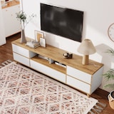 thumbnail of Modernes TV-Gerätemöbel 175x37x51 in Weiß & Holz mit Stauraum, 4 Türen und praktischen Fächern für Mediengeräte