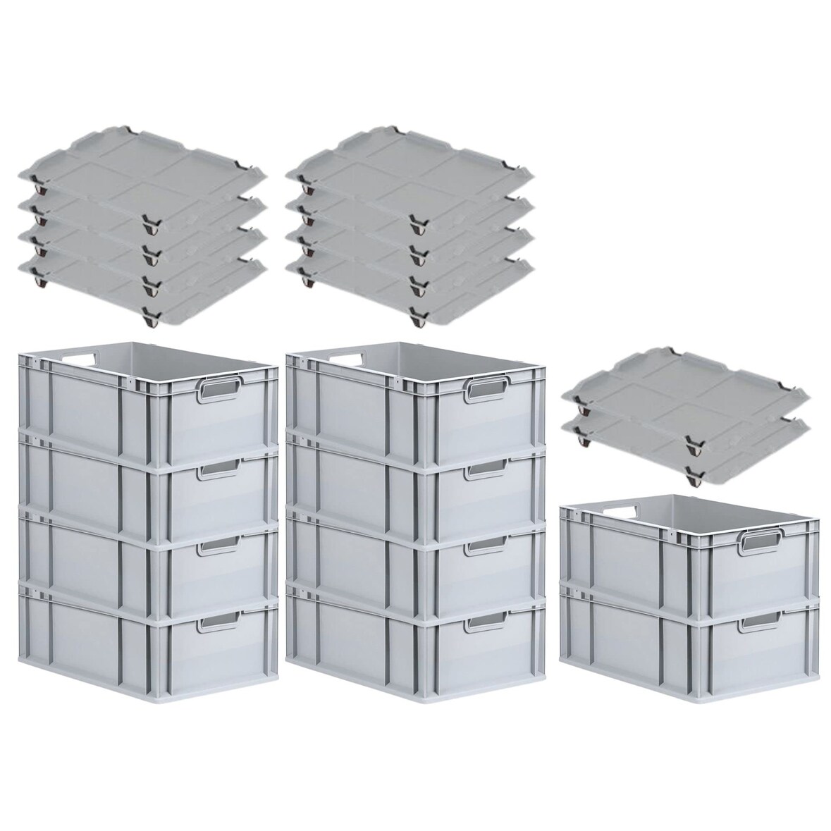 PROREGAL SparSet 10x Eurobox NextGen Grip mit Auflagedeckel & 4 schwarzen Verschlüssen, HxBxT 22x40x60cm, 44L, Grau, Griffe offen, Eurobehälter