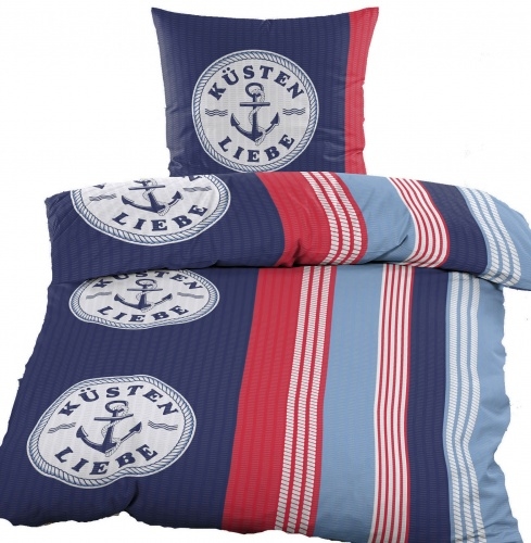 2-tlg. Seersucker Bettwäsche 135x200 +80x80cm, rot blau weiß, Anker/Küstenliebe, bügelfrei